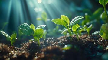 Sunbeams pierce through young green seedlings in magical morning light, showcasing delicate sprouts emerging from rich soil with ethereal glow and soft bokeh effect. development photo