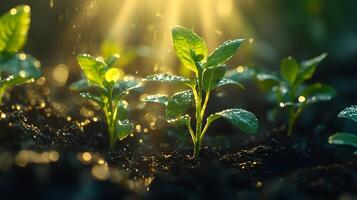Sunbeams pierce through young green seedlings in magical morning light, showcasing delicate sprouts emerging from rich soil with ethereal glow and soft bokeh effect. vitality photo