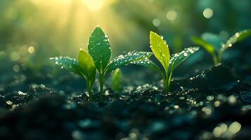 Sunbeams pierce through young green seedlings in magical morning light, showcasing delicate sprouts emerging from rich soil with ethereal glow and soft bokeh effect. sunbeams photo