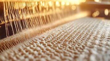 Traditional weaving loom displays delicate beige threads in artisanal textile production, capturing handcrafted fabric details with warm lighting and dreamy atmosphere. threads photo