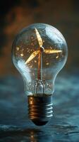 Innovative light bulb design featuring a wind turbine inside for sustainable energy. photo