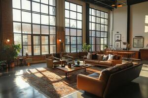 Modern living room interior with skyline view in New York City skyscraper. photo