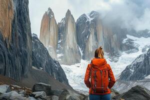 Adventurer gazes at towering peaks in Torres del Paine National Park in Chile. photo