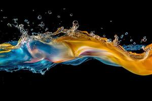 Colorful liquid splash displaying vibrant hues against a black background. photo