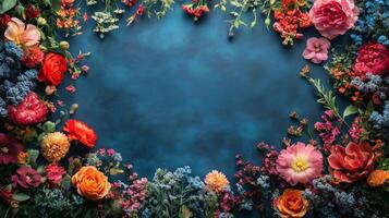 Vibrant flowers arranged artistically on a deep blue background for a creative display. photo