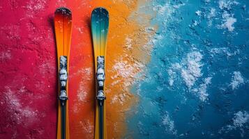 Colorful skis on a vibrant background showcasing winter sports activity. photo