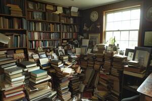 Cozy bookshop filled with vintage books and art in a quaint setting. photo