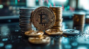 Bitcoin and silver coins stacked on a reflective surface with financial charts in the background. photo