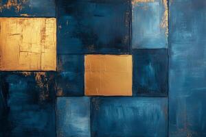 Modern abstract artwork featuring blue and gold color palette and geometric shapes. photo