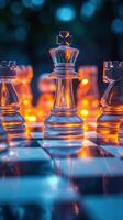 Glass chess pieces illuminated by warm lights on a checkered board during evening hours. photo