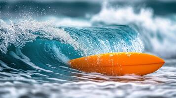 Surfer's board partially submerged in crashing ocean waves on a sunny day. photo