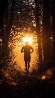 Running through a forest at sunset near a serene pathway surrounded by tall trees. photo