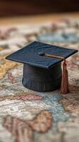 Graduation cap resting on an antique world map, symbolizing education and exploration. photo