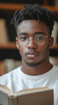 Young man reading a book in a library during the afternoon. photo