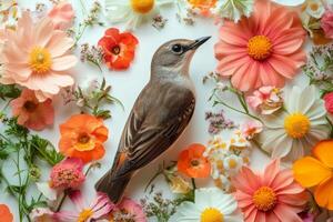Colorful bird surrounded by vibrant flowers on a light background in a creative arrangement. photo