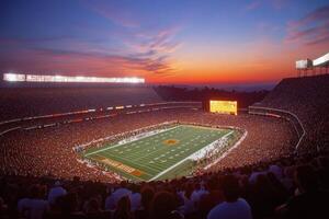 Excitement of fans at a night football game in a packed stadium. photo