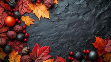 Autumn leaves and seasonal decorations arranged on a dark stone background. photo