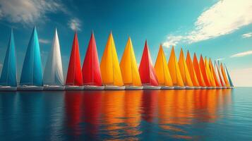 Vibrant sailboats lined up on calm water under bright sky during daytime. photo