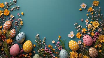 Colorful Easter eggs arranged with fresh flowers on a teal background for spring celebration. photo