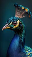 Majestic peacock displaying vibrant colors and intricate feather patterns in a close-up view. photo