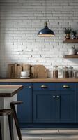 Modern kitchen design with blue cabinets and wooden accents in a bright atmosphere. photo
