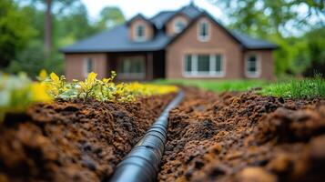 New irrigation system installation in suburban garden with a modern house backdrop. photo