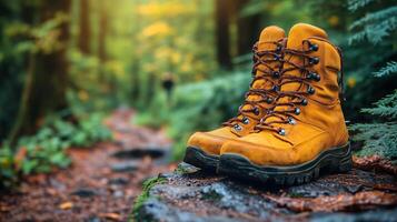 Hiking boots resting on a forest trail in autumn light. photo
