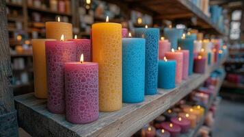 Colorful candles lit on shelves in a decorative store showcasing aromatic designs. photo