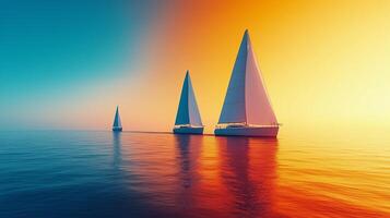 Sailing boats glide across calm waters during a vibrant sunset near the horizon. photo