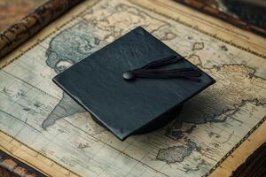 Graduation cap placed on an old map symbolizing educational achievement and global opportunities. photo