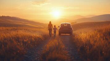 Mother and child walking towards sunset along a dirt road beside a parked car in a scenic landscape. photo