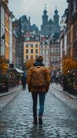 Exploring a historic street in autumn with a traveler in a cozy cityscape. photo