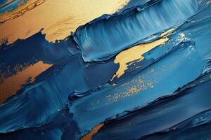 Bold blue and gold abstract painting with textured strokes for a striking visual contrast. photo