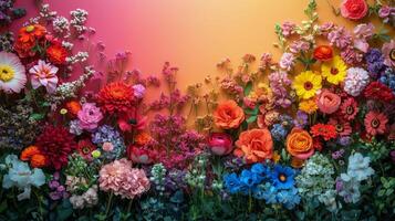 Colorful arrangement of flowers with a vibrant gradient background in a bright setting. photo