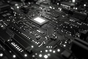 Close-up view of a complex circuit board highlighting intricate electronic components at night. photo