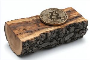 Bitcoin on a wooden log symbolizes the intersection of nature and digital currency innovation. photo