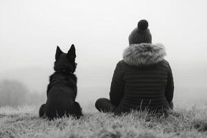 Companionship in foggy landscape with dog and person seated on grassy hilltop. photo