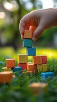 Child stacking colorful blocks in a sunny park filled with green grass. photo