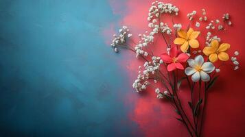 Colorful flowers arranged on a vibrant blue and red background for artistic display. photo