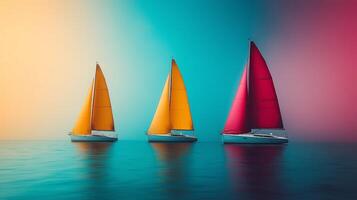 Colorful sailboats navigate calm waters during sunset with vibrant hues in the sky. photo