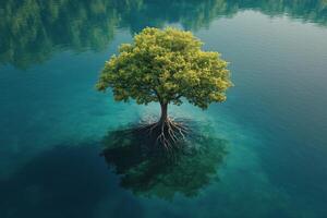 Unique tree standing alone in tranquil blue water surrounded by lush nature. photo