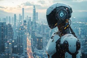 Robot overlooks a futuristic city during sunset with skyscrapers illuminated by evening lights. photo