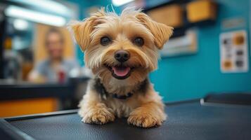 Happy small dog resting at grooming salon during daylight. photo