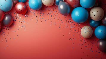 Colorful balloons and confetti decorated wall for celebration or event festivity. photo