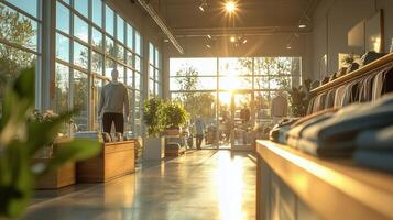 Bright sunlight streaming through large windows in a modern clothing store during the evening. photo