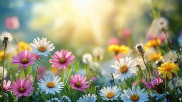Colorful wildflowers bloom in sunlight in a vibrant spring meadow. photo