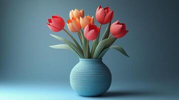 Colorful paper tulips in a blue vase against a soft background. photo