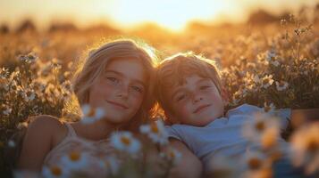 Children enjoying a warm sunset among wildflowers in a golden field. photo