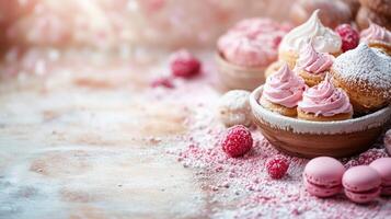 Colorful array of pastries and berries arranged on a rustic table during a sunny afternoon. photo