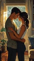 Warm embrace between a couple at home during a cozy afternoon. photo